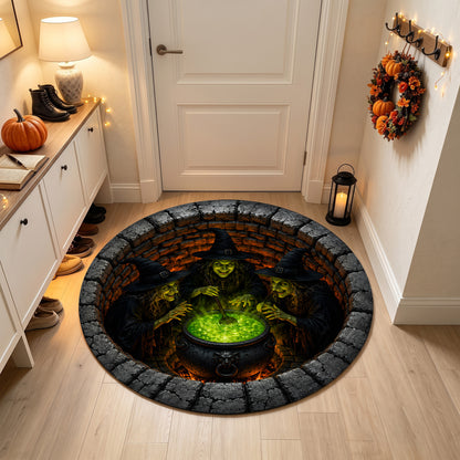 Halloween Round Rug 3D Illusion Witches Cauldron