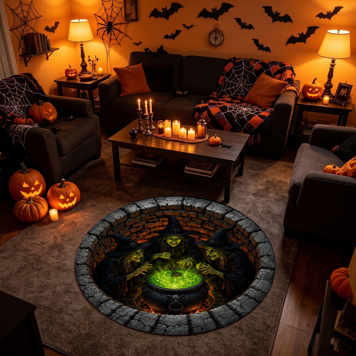 Halloween Round Rug 3D Illusion Witches Cauldron