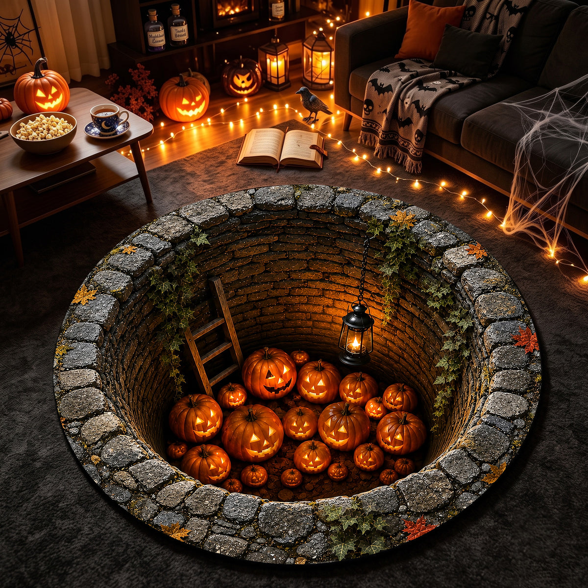 Halloween Round Rug 3D Stone Well Glowing Pumpkins