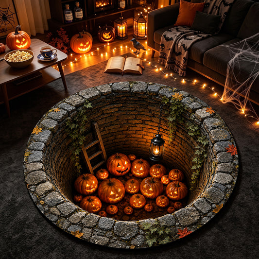 Halloween Round Rug 3D Stone Well Glowing Pumpkins