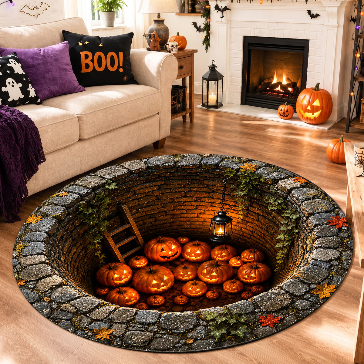 Halloween Round Rug 3D Stone Well Glowing Pumpkins