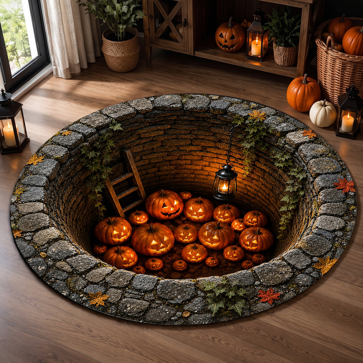 Halloween Round Rug 3D Stone Well Glowing Pumpkins