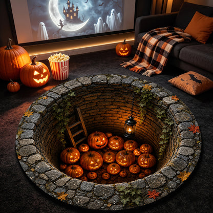Halloween Round Rug 3D Stone Well Glowing Pumpkins