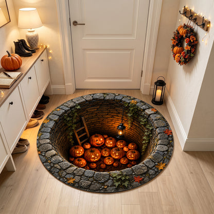 Halloween Round Rug 3D Stone Well Glowing Pumpkins