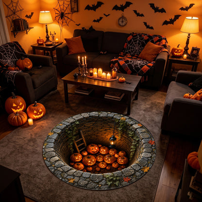 Halloween Round Rug 3D Stone Well Glowing Pumpkins