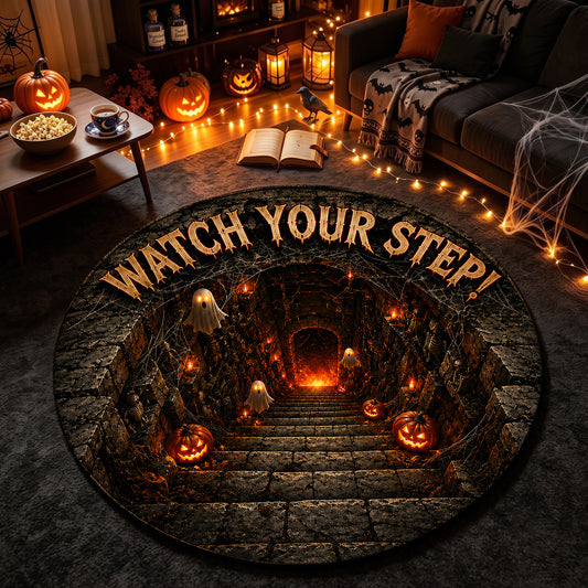 Halloween Round Rug 3D Watch Your Step Stairs