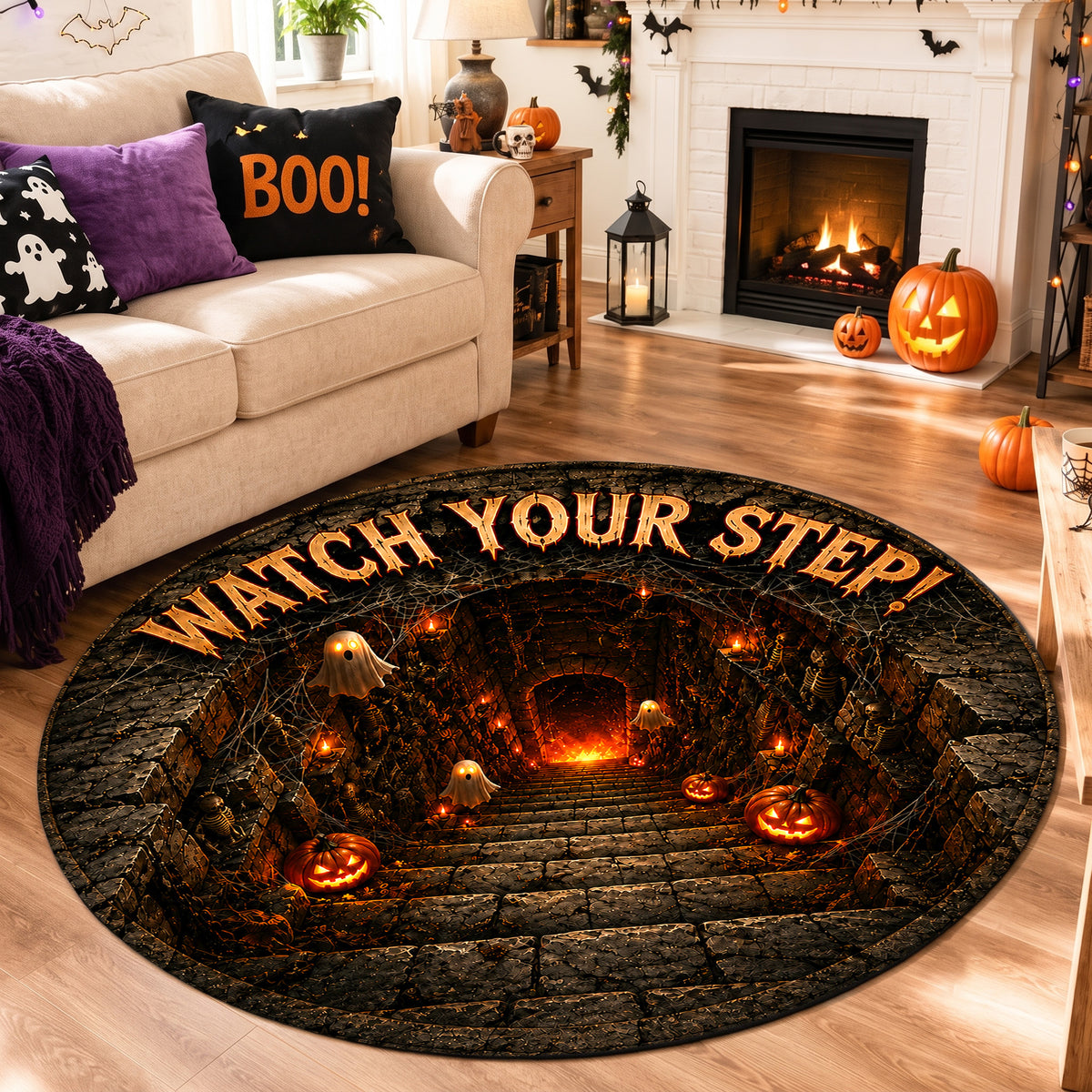 Halloween Round Rug 3D Watch Your Step Stairs