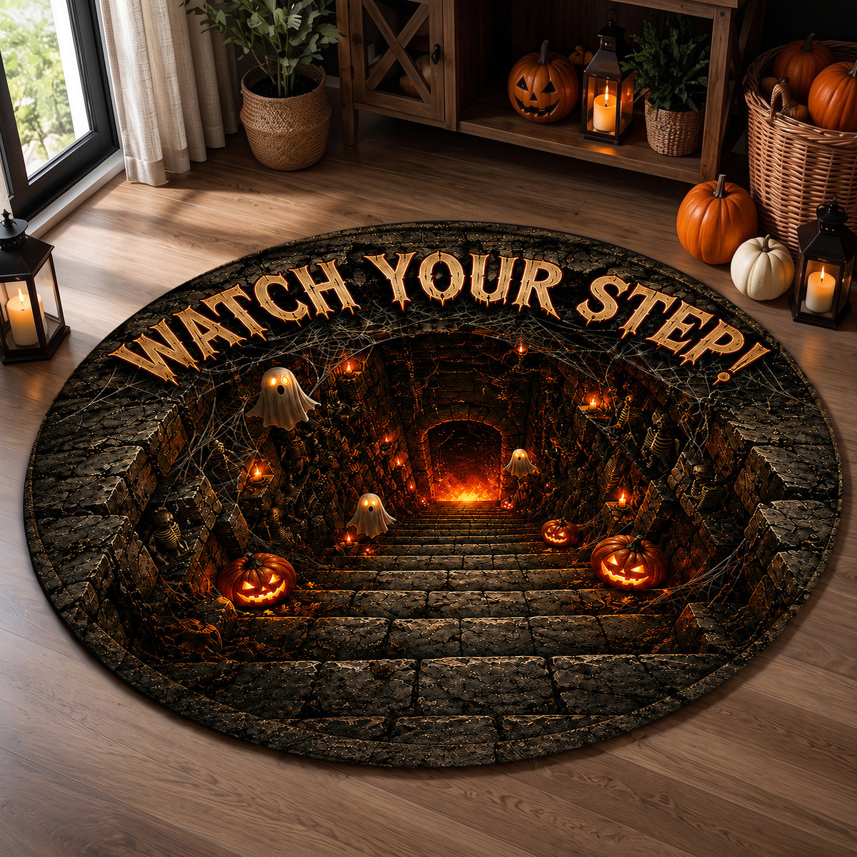 Halloween Round Rug 3D Watch Your Step Stairs