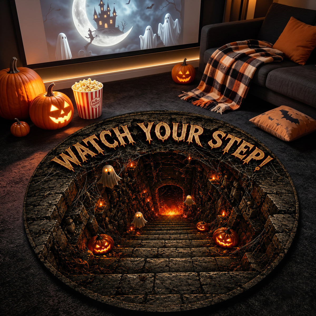 Halloween Round Rug 3D Watch Your Step Stairs