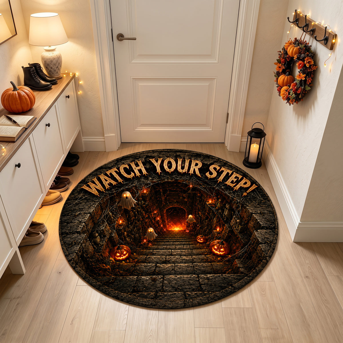 Halloween Round Rug 3D Watch Your Step Stairs