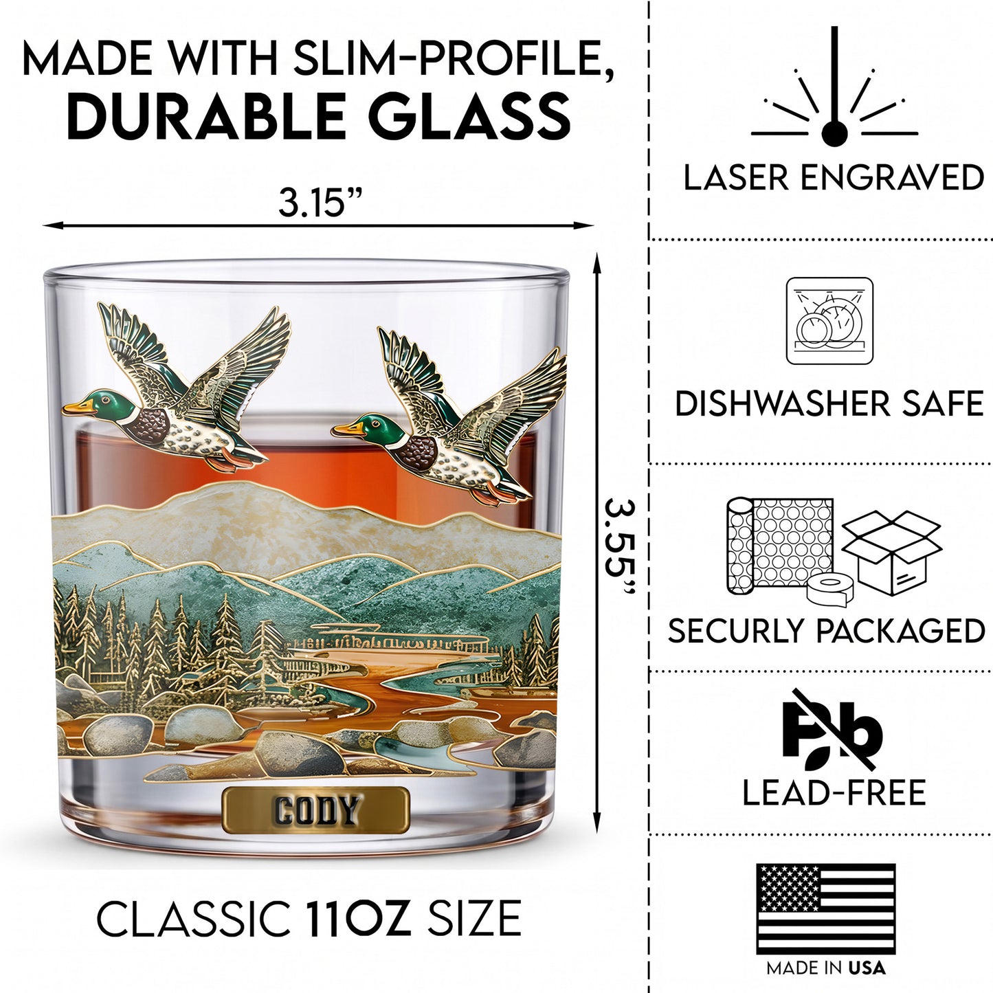 Personalized Duck Hunting Whiskey Glass - Custom Hunter Gift