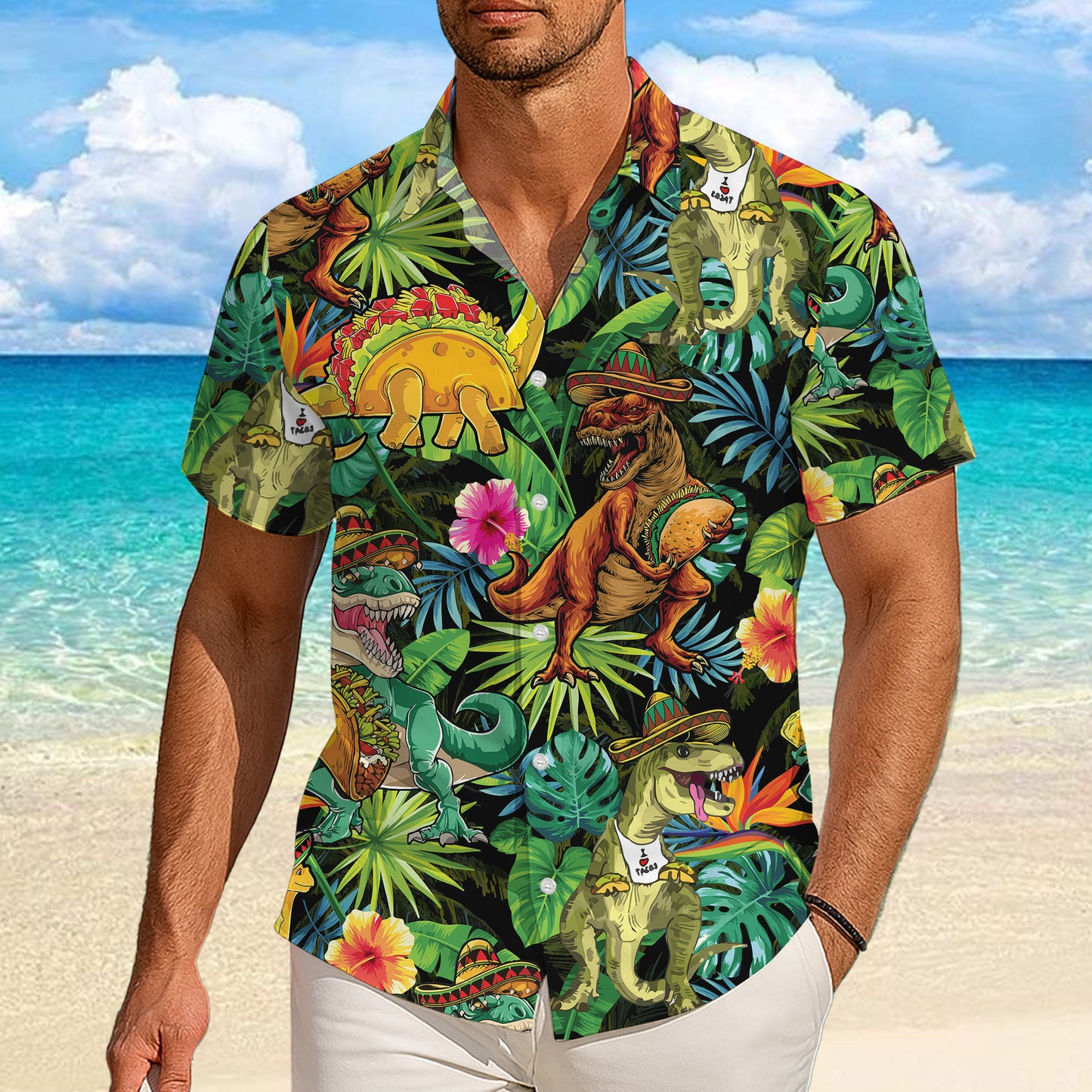 Funny Dinosaur Taco Sombrero Tropical Hawaiian Shirt for Men & Women Aloha