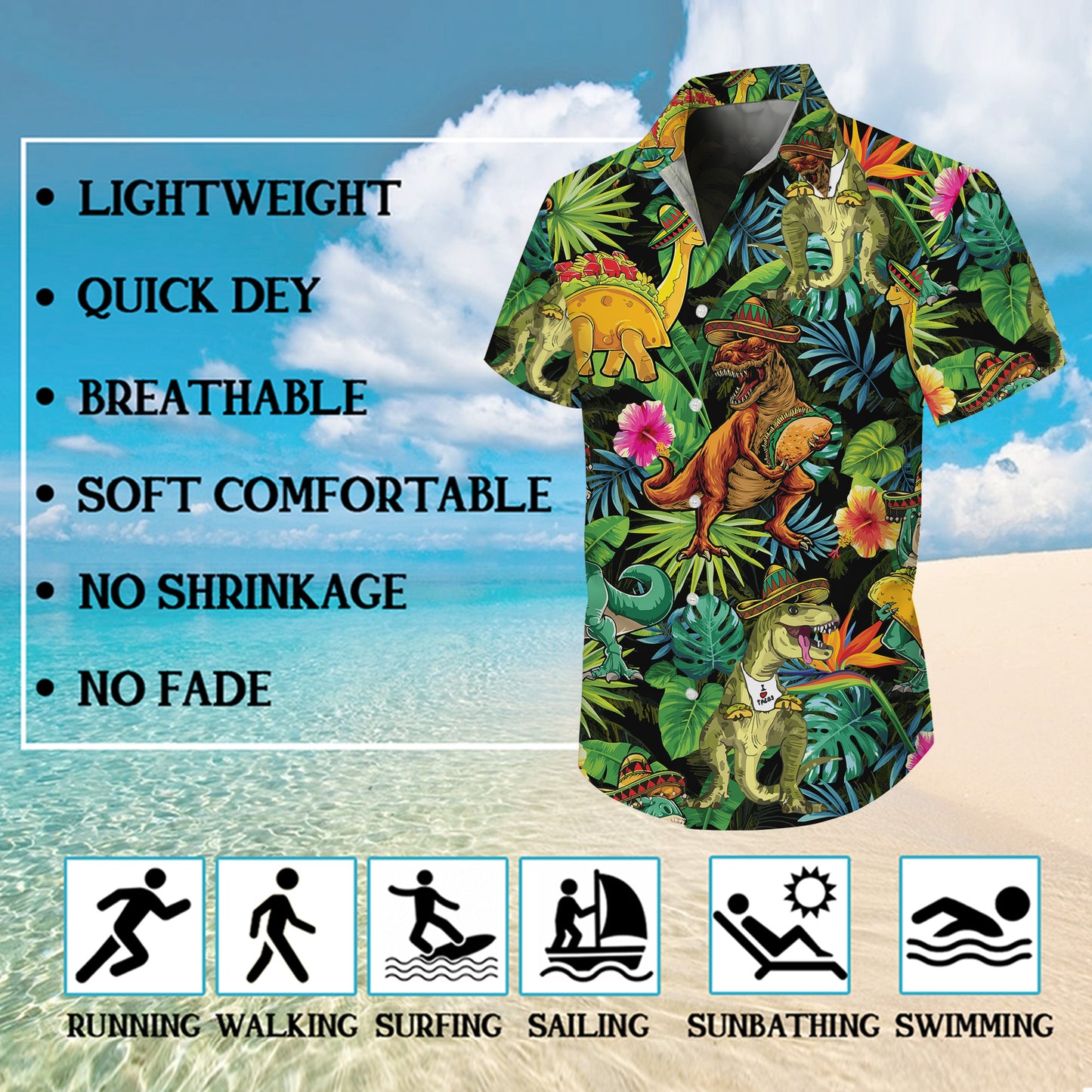 Funny Dinosaur Taco Sombrero Tropical Hawaiian Shirt for Men & Women Aloha