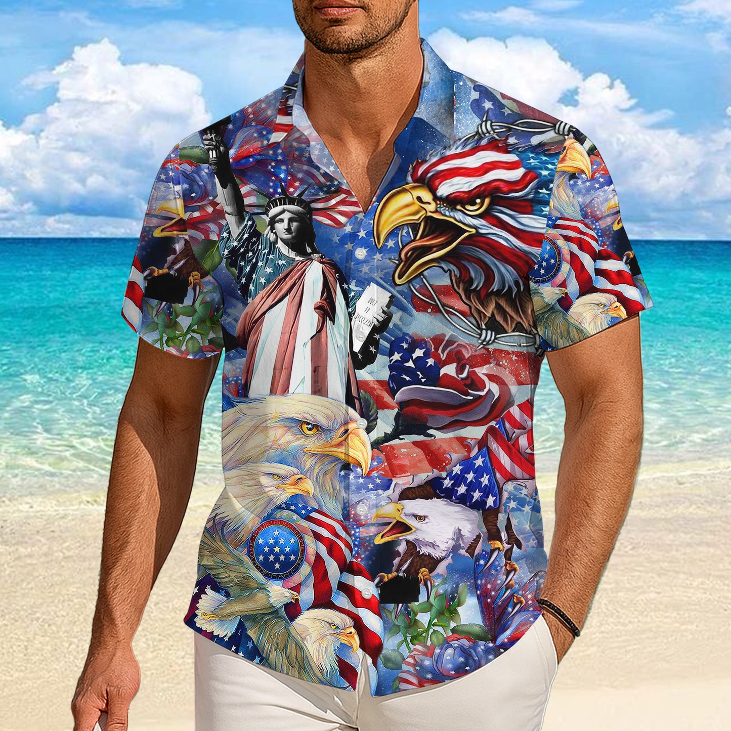 Patriotic Bald Eagle American Flag Hawaiian Shirt for Men & Women Aloha
