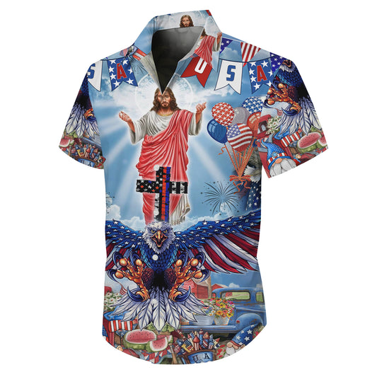Patriotic Jesus Bald Eagle 4th of July Hawaiian Shirt Men Women Aloha