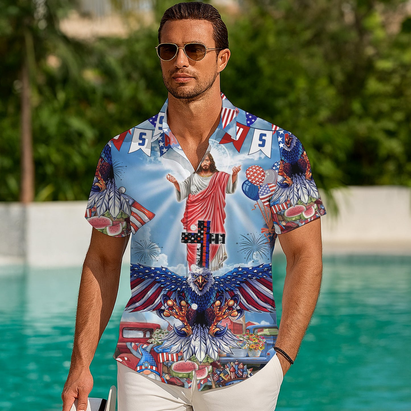 Patriotic Jesus Bald Eagle 4th of July Hawaiian Shirt Men Women Aloha