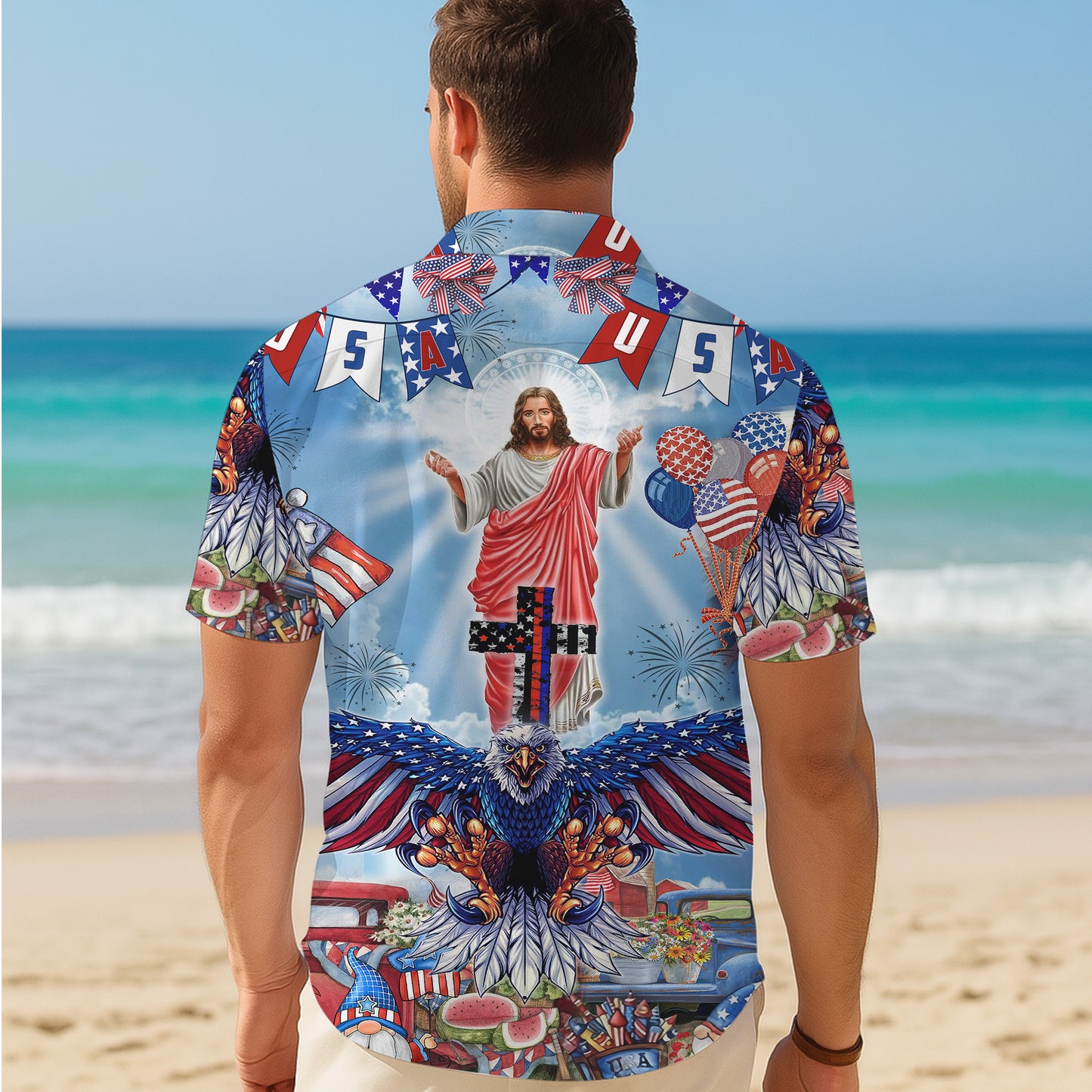 Patriotic Jesus Bald Eagle 4th of July Hawaiian Shirt Men Women Aloha