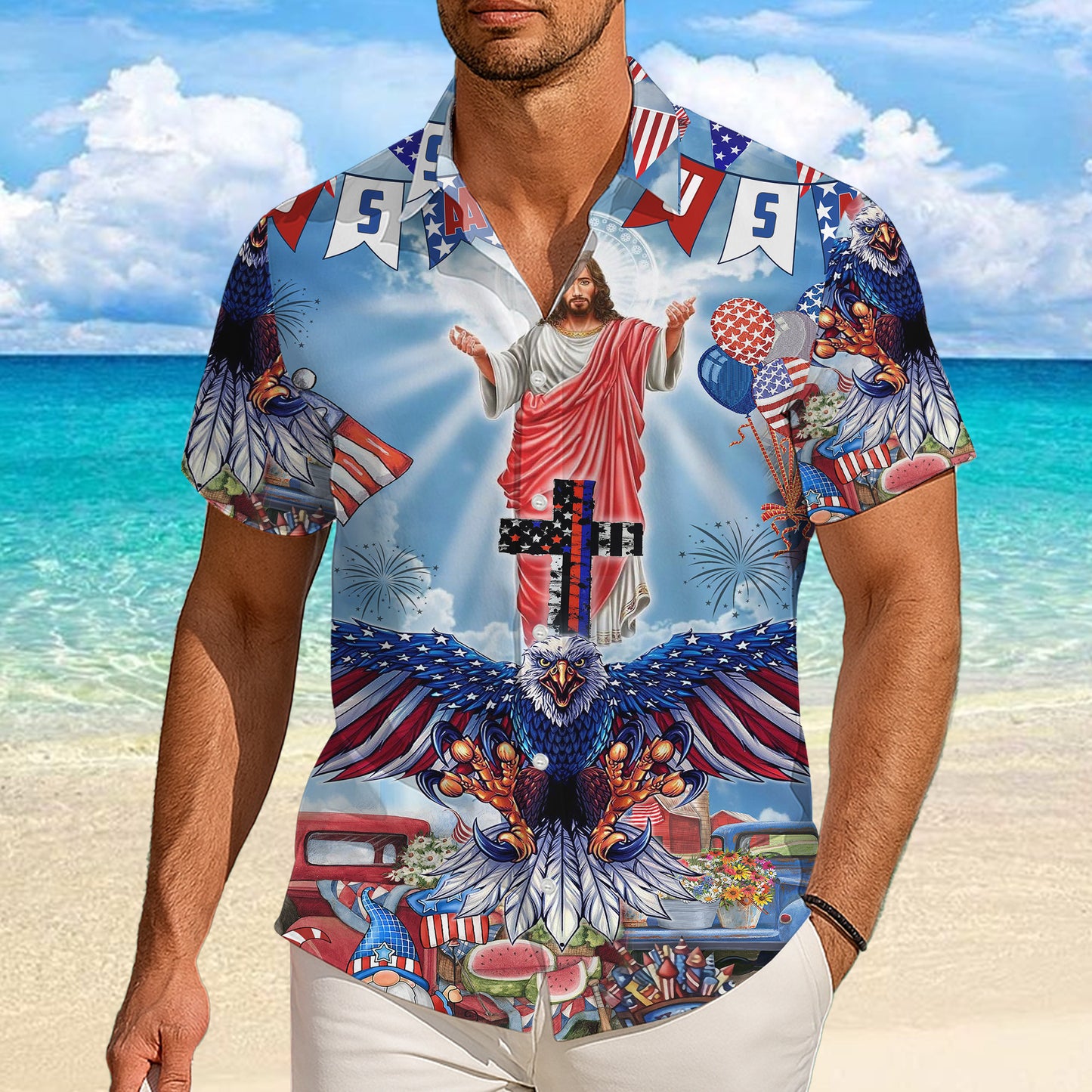 Patriotic Jesus Bald Eagle 4th of July Hawaiian Shirt Men Women Aloha