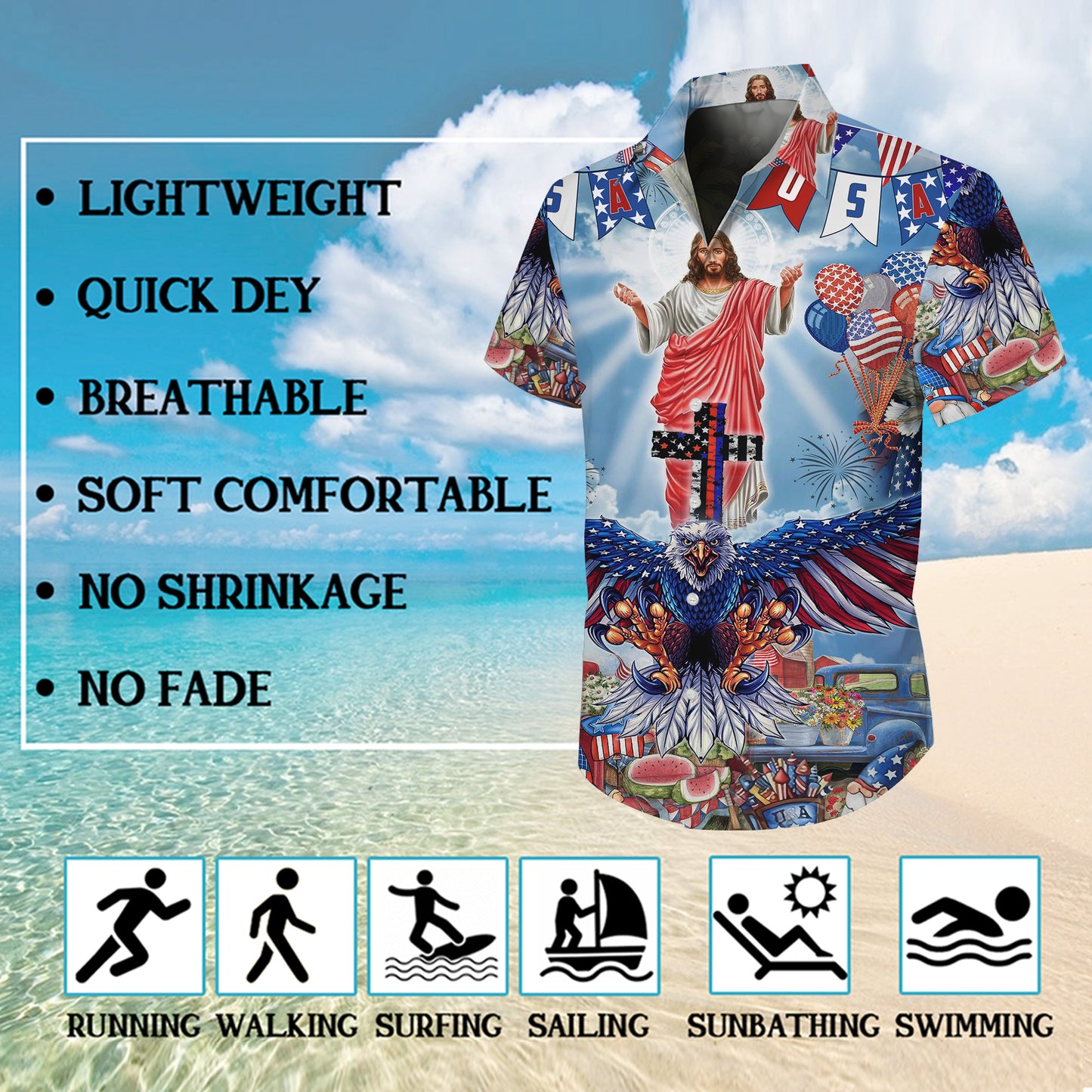 Patriotic Jesus Bald Eagle 4th of July Hawaiian Shirt Men Women Aloha