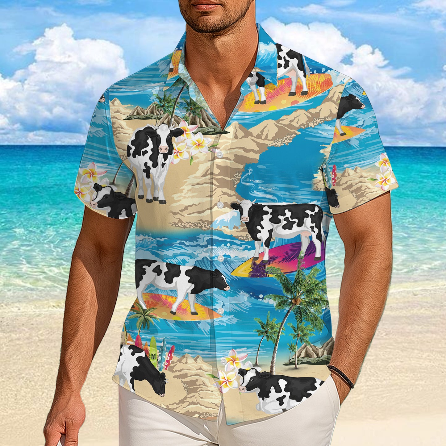 Funny Surfing Cow Tropical Beach Ocean Hawaiian Shirt for Men & Women Aloha