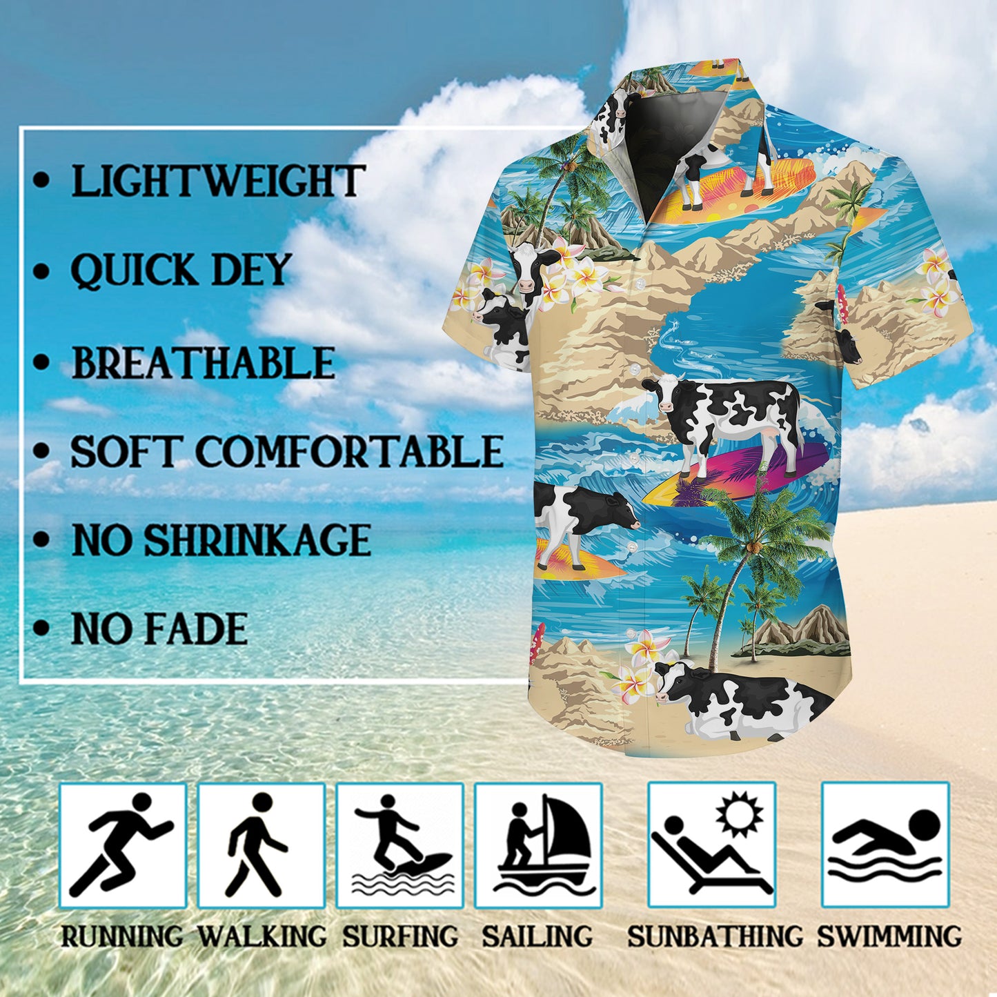 Funny Surfing Cow Tropical Beach Ocean Hawaiian Shirt for Men & Women Aloha