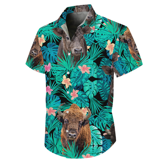 Bison Buffalo Tropical Floral Leaf Hawaiian Shirt for Men & Women Aloha