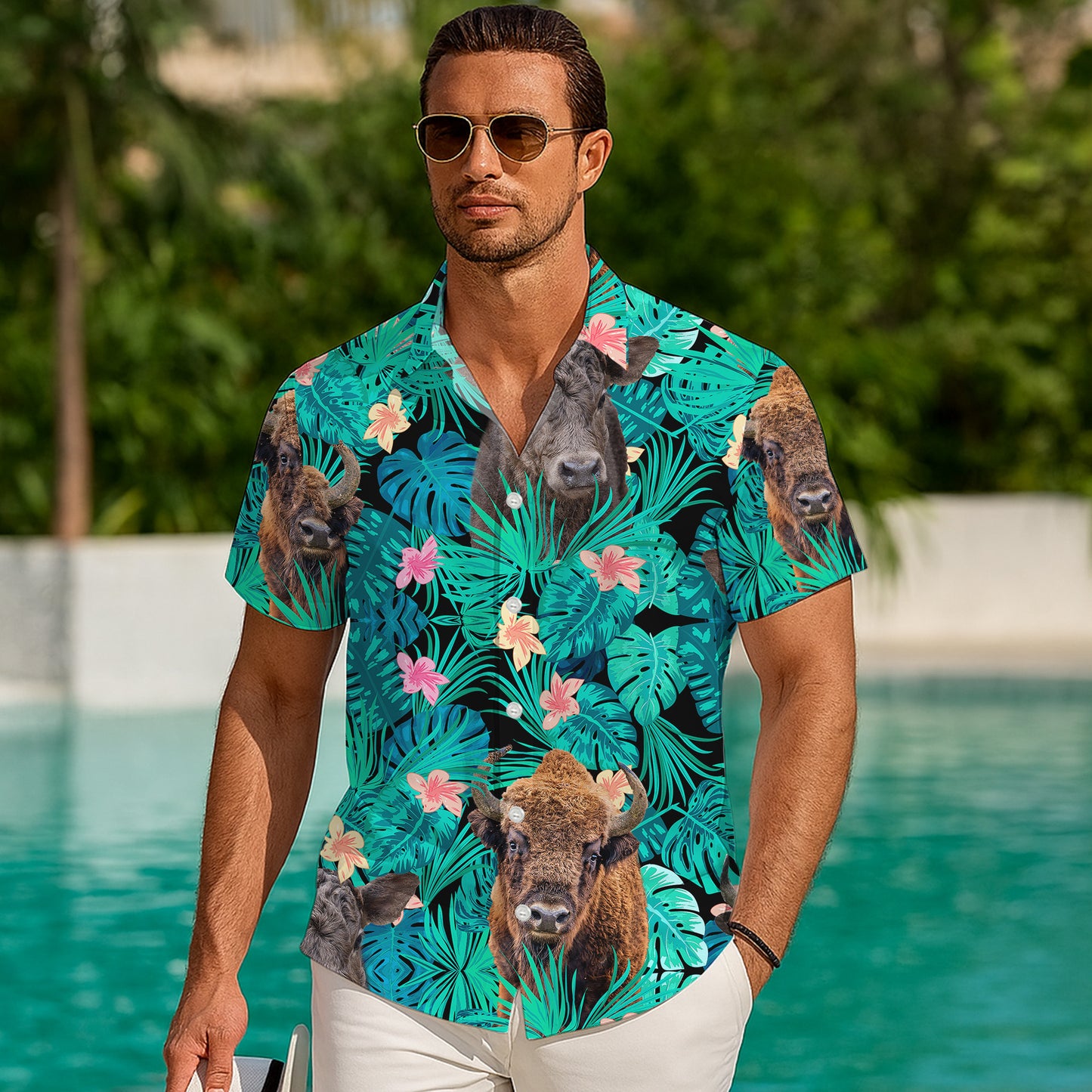 Bison Buffalo Tropical Floral Leaf Hawaiian Shirt for Men & Women Aloha