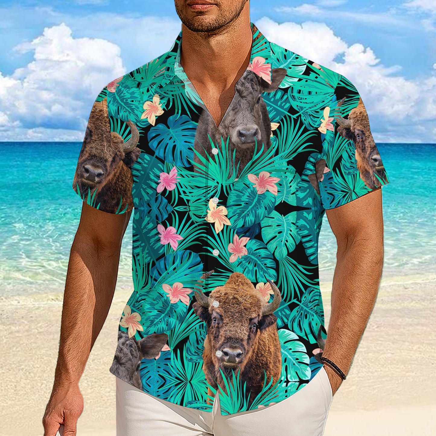 Bison Buffalo Tropical Floral Leaf Hawaiian Shirt for Men & Women Aloha