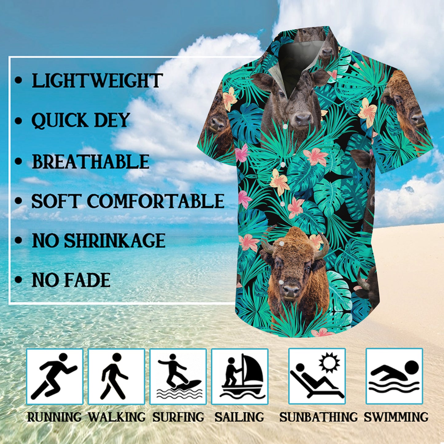 Bison Buffalo Tropical Floral Leaf Hawaiian Shirt for Men & Women Aloha
