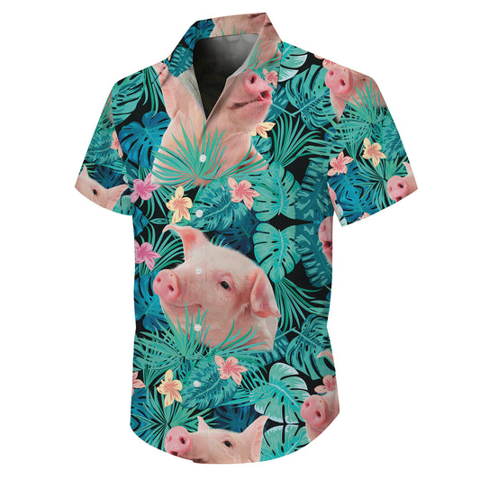 Cute Pink Pig Tropical Floral Leaf Hawaiian Shirt for Men & Women Aloha