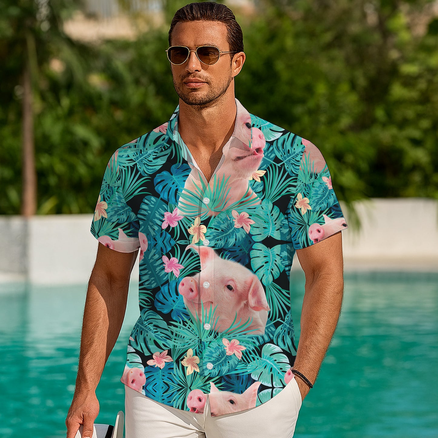 Cute Pink Pig Tropical Floral Leaf Hawaiian Shirt for Men & Women Aloha