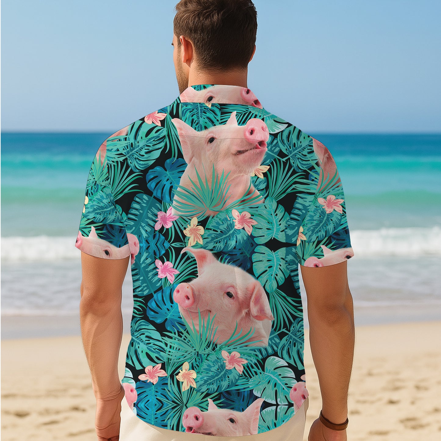 Cute Pink Pig Tropical Floral Leaf Hawaiian Shirt for Men & Women Aloha