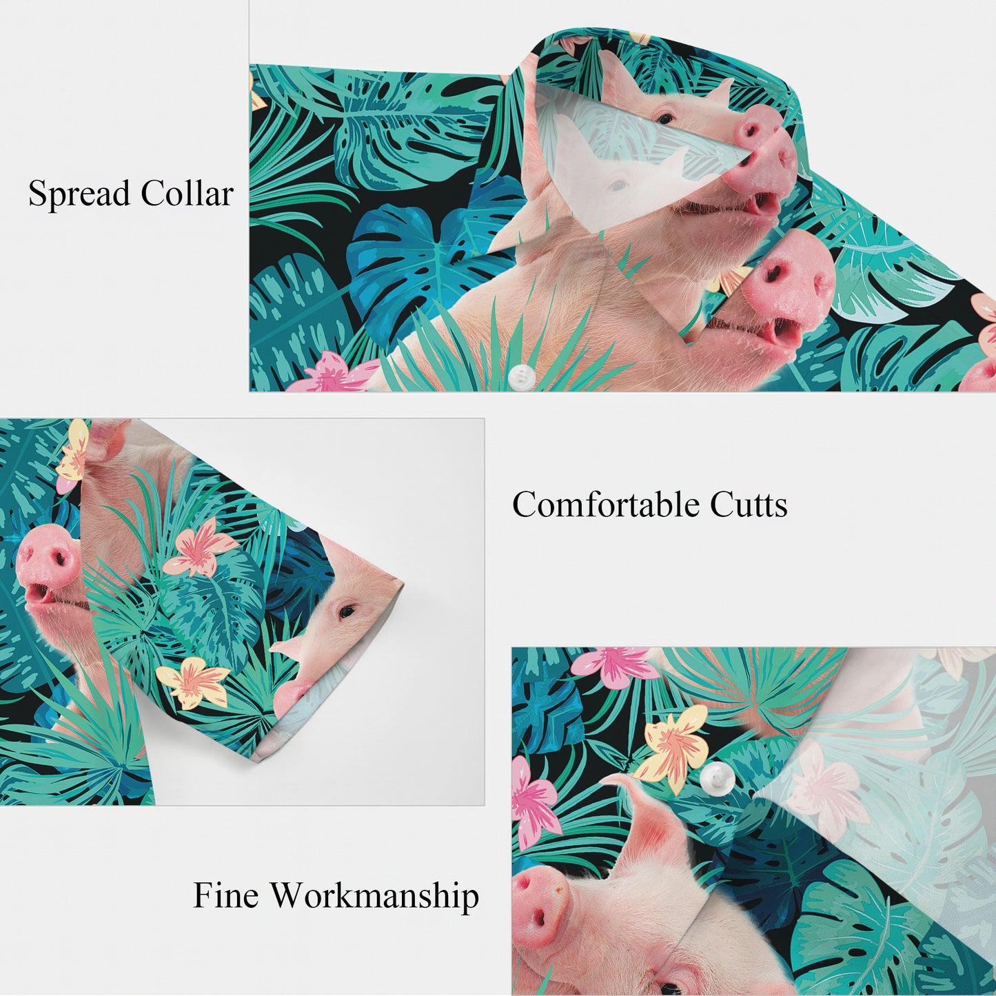 Cute Pink Pig Tropical Floral Leaf Hawaiian Shirt for Men & Women Aloha