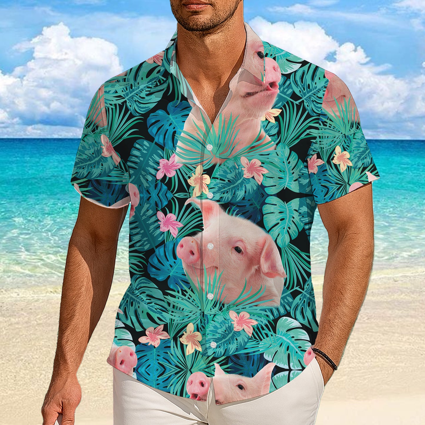 Cute Pink Pig Tropical Floral Leaf Hawaiian Shirt for Men & Women Aloha