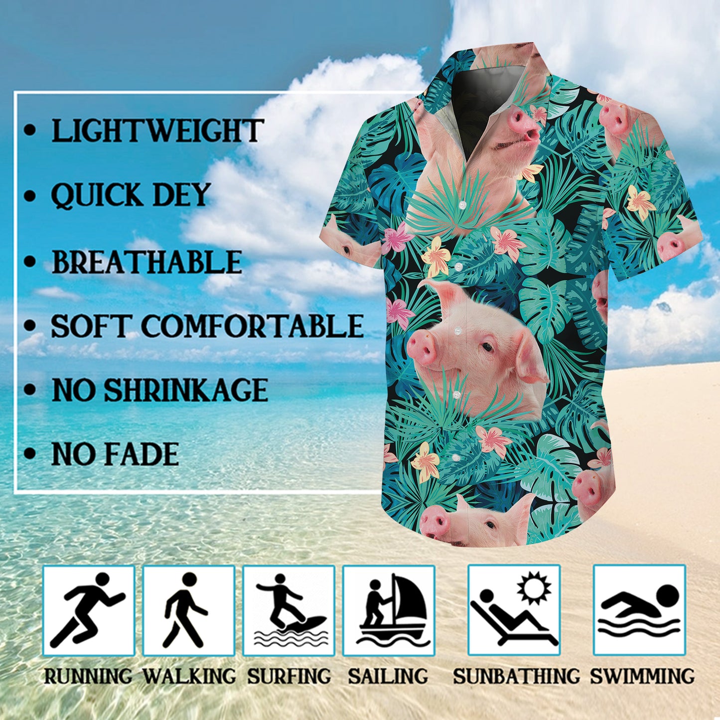 Cute Pink Pig Tropical Floral Leaf Hawaiian Shirt for Men & Women Aloha