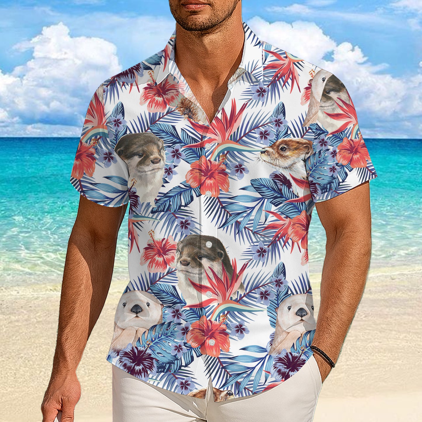 Cute Otter Tropical Floral Hawaiian Shirt for Men & Women Aloha