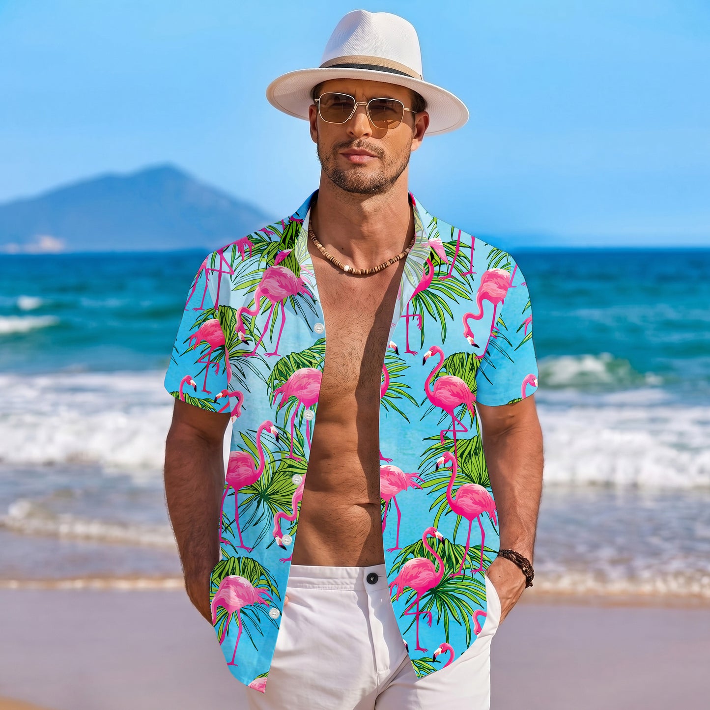 Pink Flamingo Palm Leaf Tropical Hawaiian Shirt for Men & Women Aloha