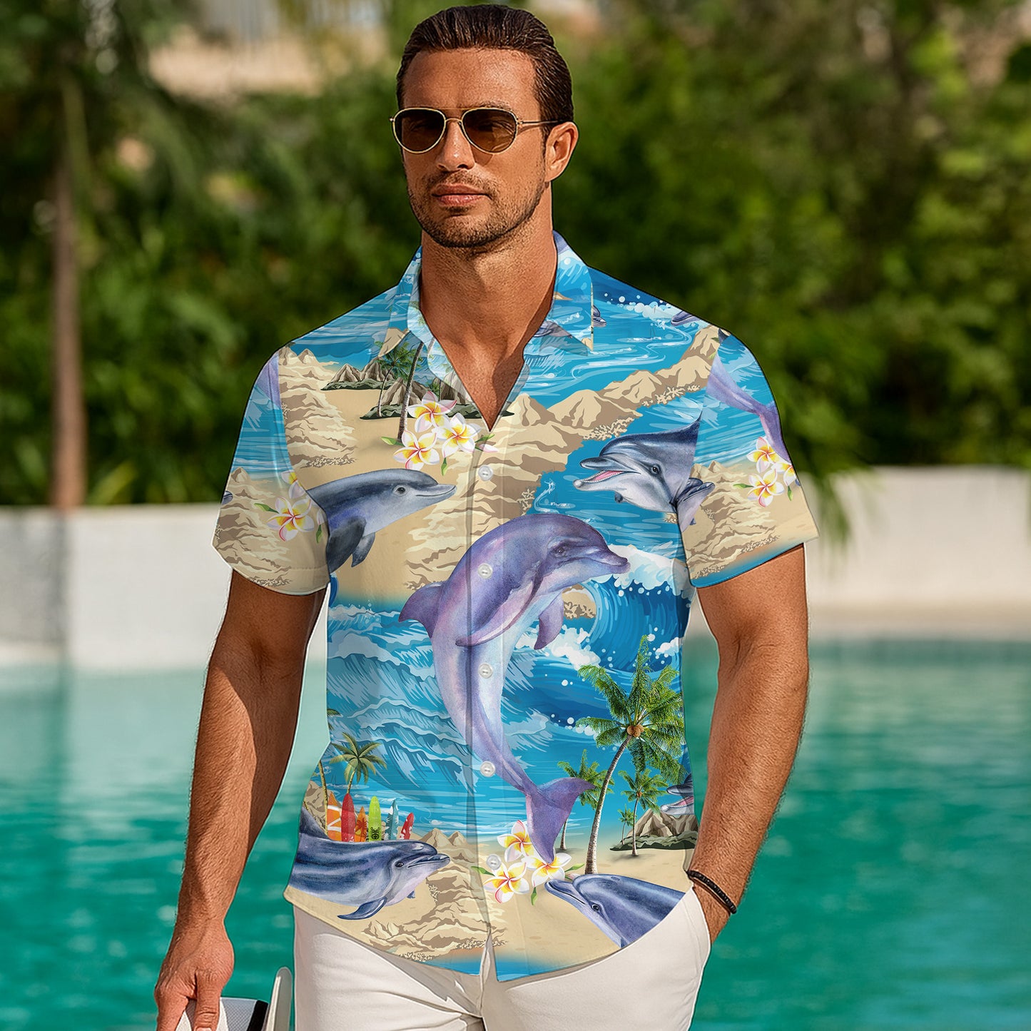 Dolphin Tropical Ocean Wave Beach Hawaiian Shirt for Men & Women Aloha