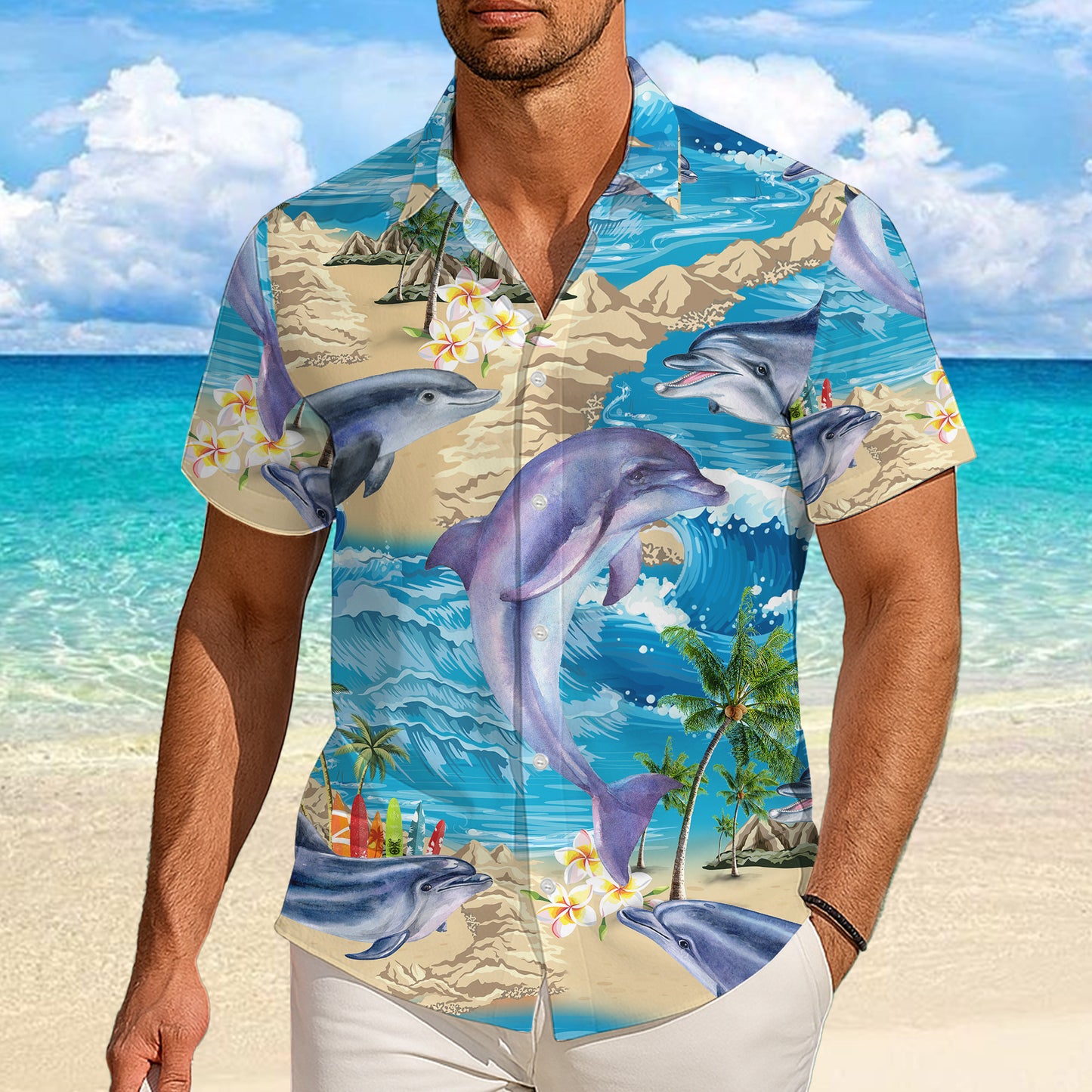 Dolphin Tropical Ocean Wave Beach Hawaiian Shirt for Men & Women Aloha