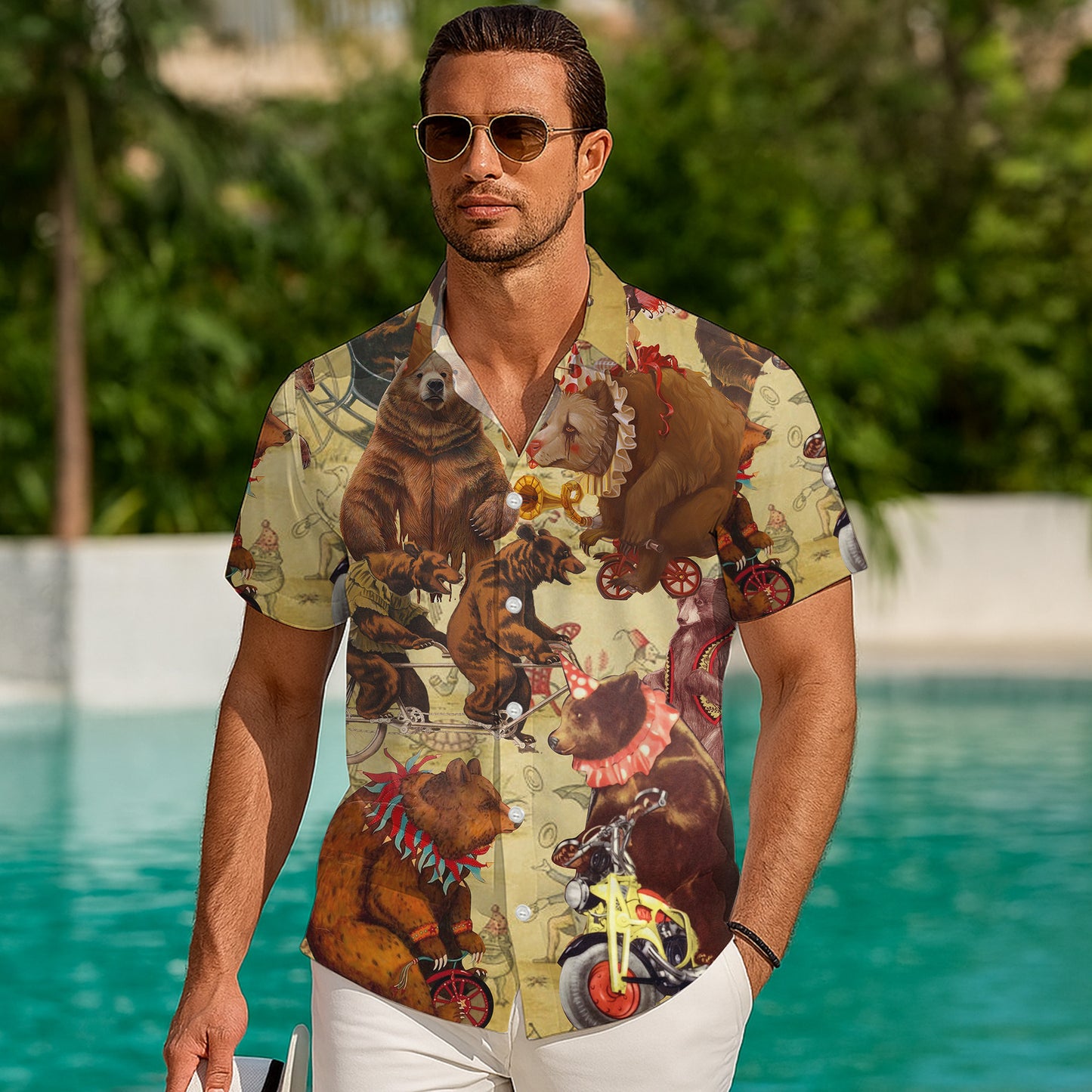Vintage Circus Bear Riding Motorcycle Bicycle Hawaiian Shirt Men Women Aloha