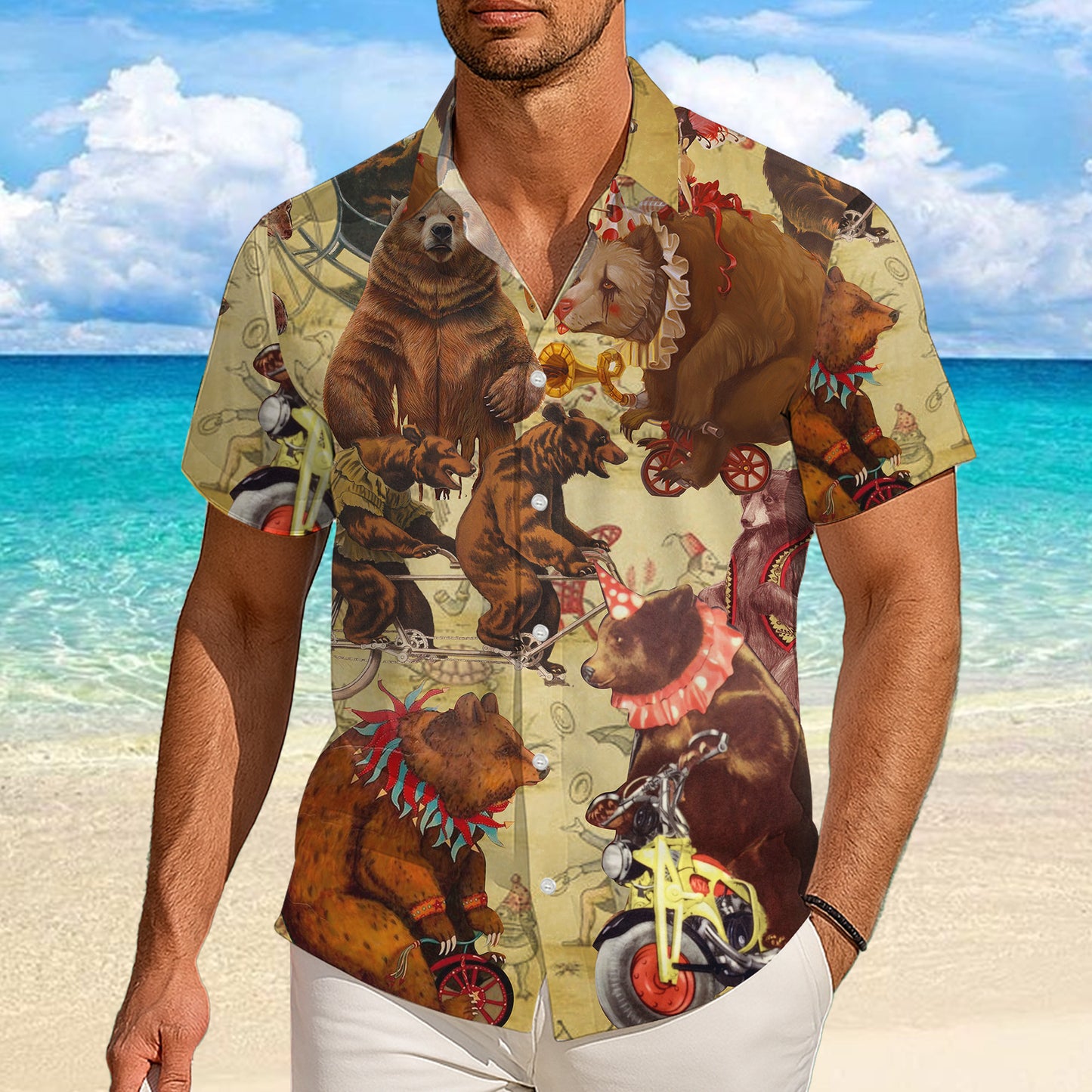 Vintage Circus Bear Riding Motorcycle Bicycle Hawaiian Shirt Men Women Aloha