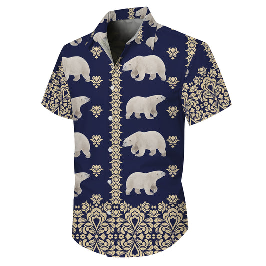 Polar Bear Vintage Damask Pattern Navy Blue Hawaiian Shirt Men Women Aloha