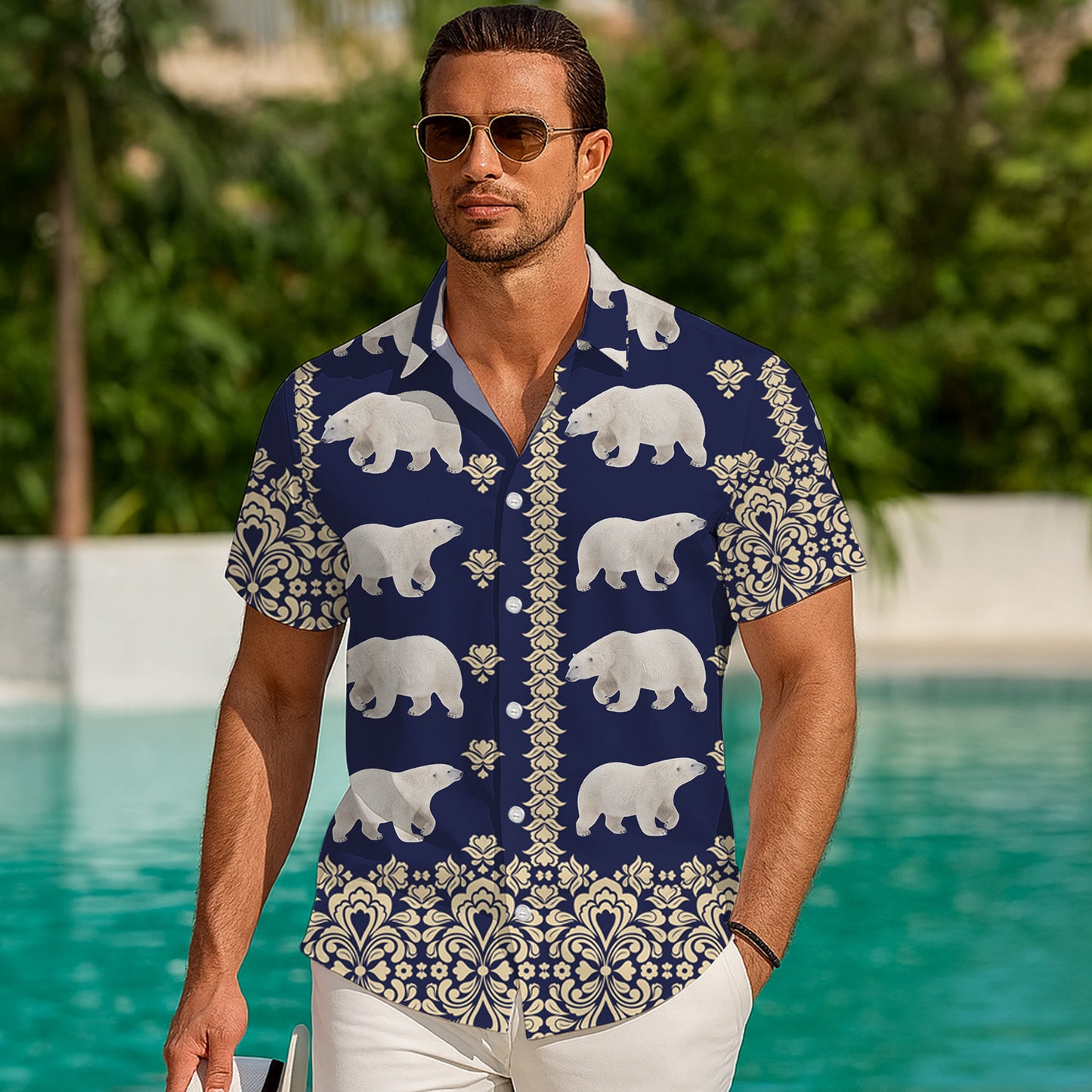 Polar Bear Vintage Damask Pattern Navy Blue Hawaiian Shirt Men Women Aloha