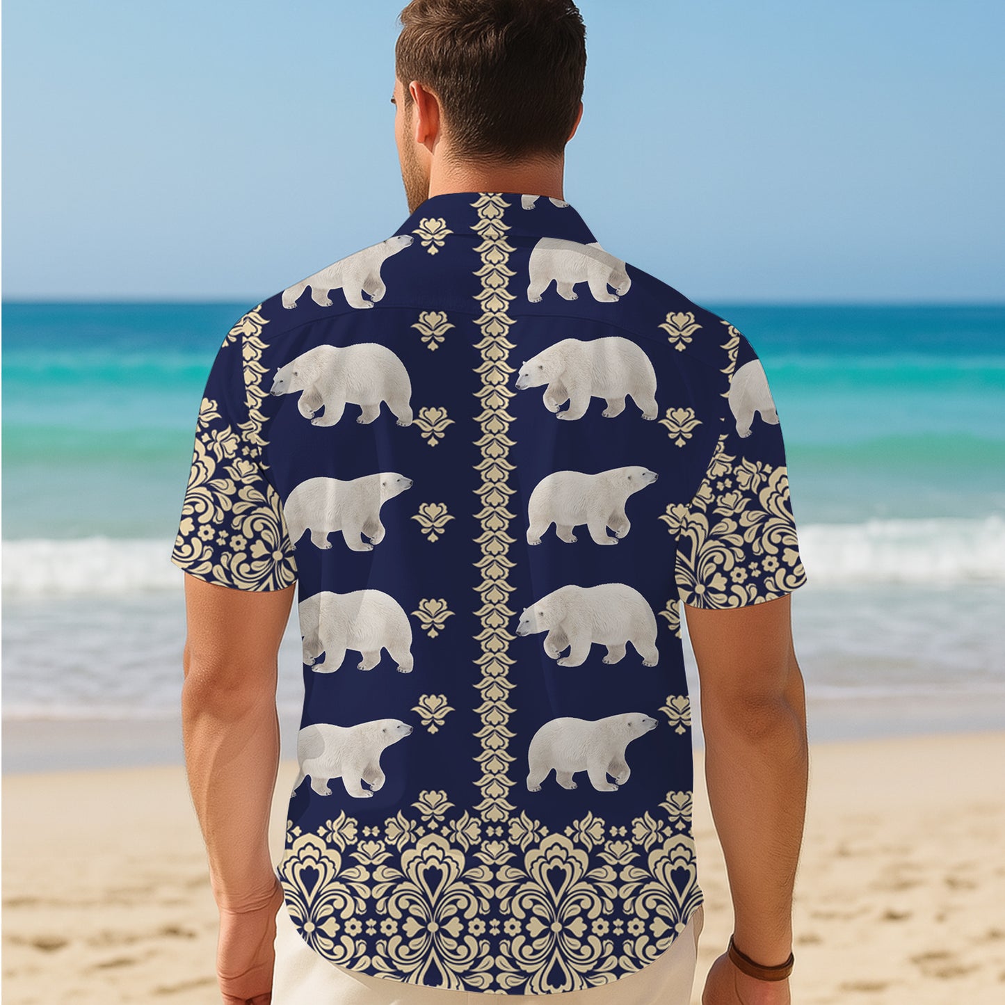 Polar Bear Vintage Damask Pattern Navy Blue Hawaiian Shirt Men Women Aloha