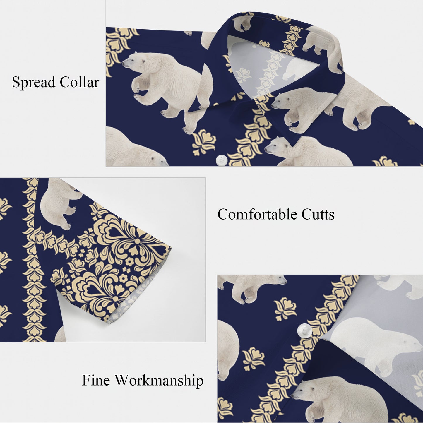 Polar Bear Vintage Damask Pattern Navy Blue Hawaiian Shirt Men Women Aloha