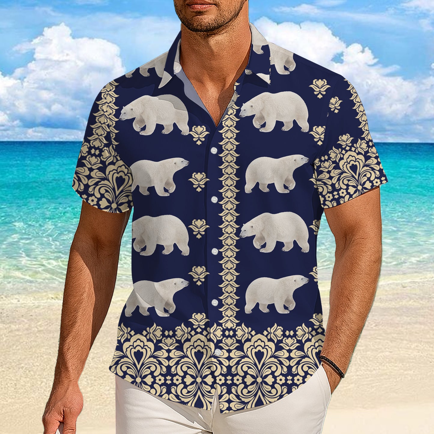 Polar Bear Vintage Damask Pattern Navy Blue Hawaiian Shirt Men Women Aloha