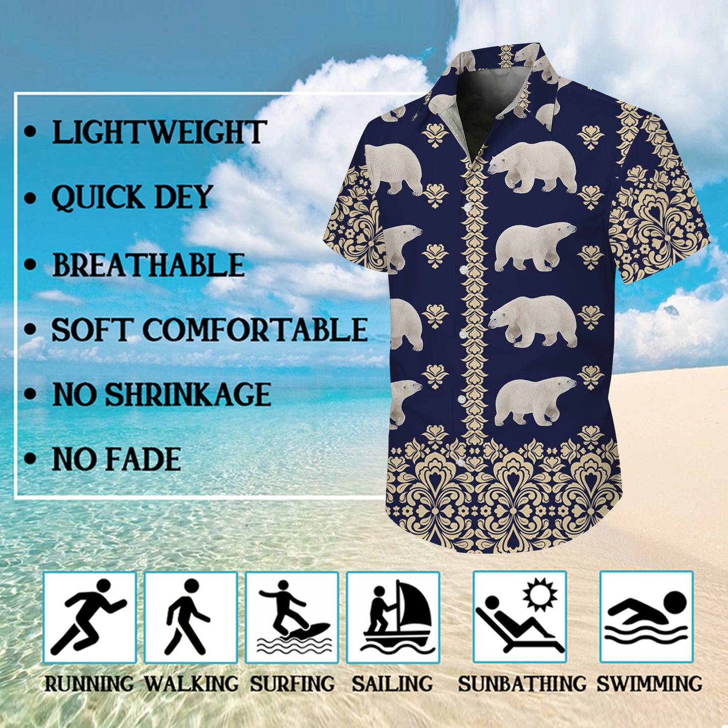 Polar Bear Vintage Damask Pattern Navy Blue Hawaiian Shirt Men Women Aloha