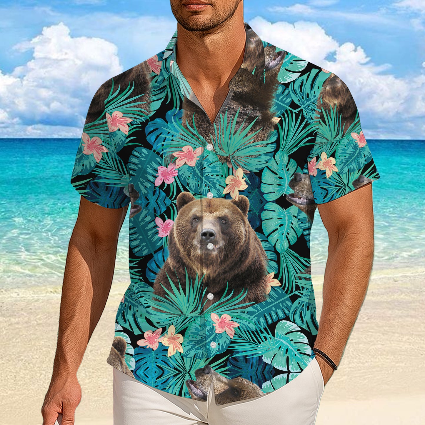 Brown Bear Tropical Floral Leaf Hawaiian Shirt for Men & Women Aloha