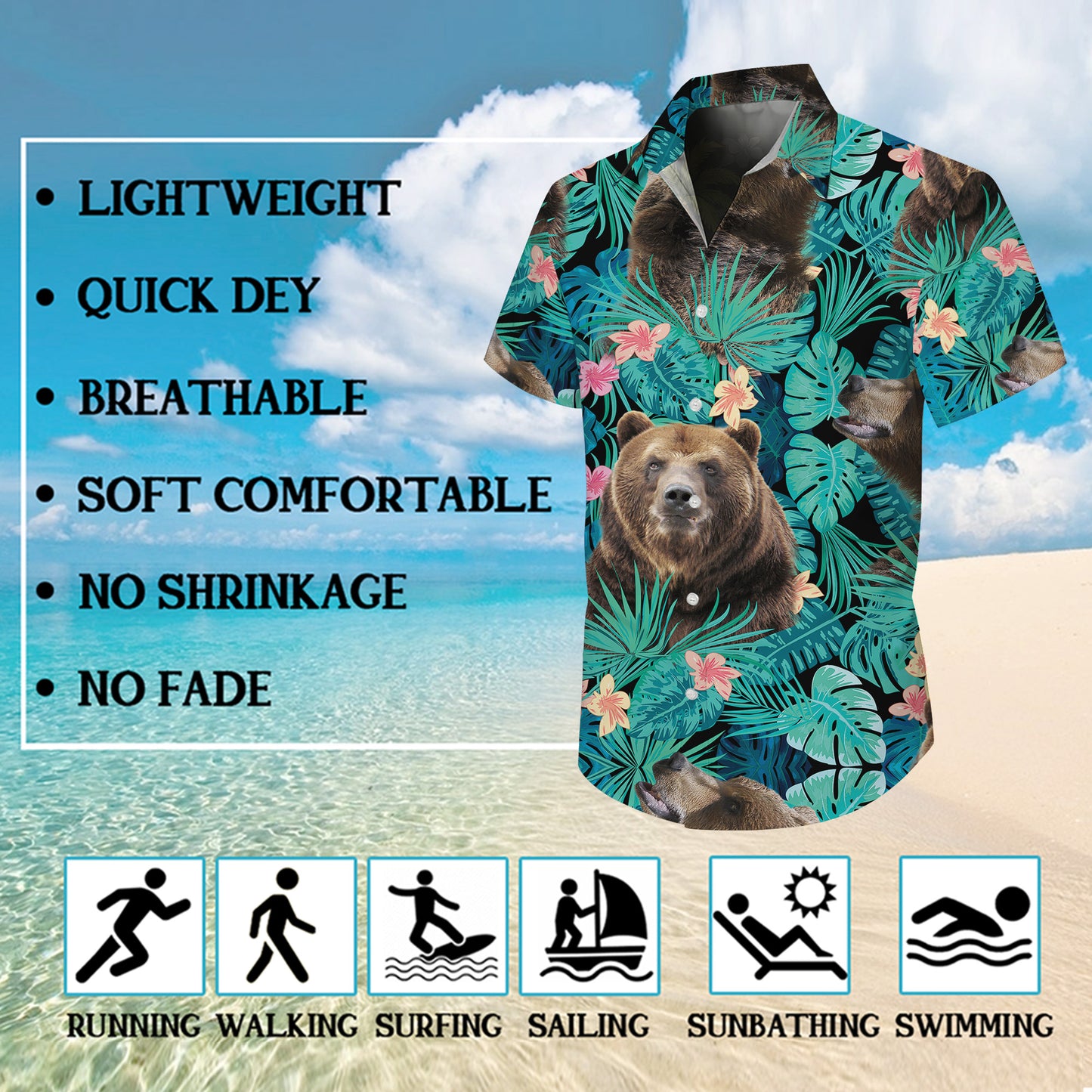 Brown Bear Tropical Floral Leaf Hawaiian Shirt for Men & Women Aloha