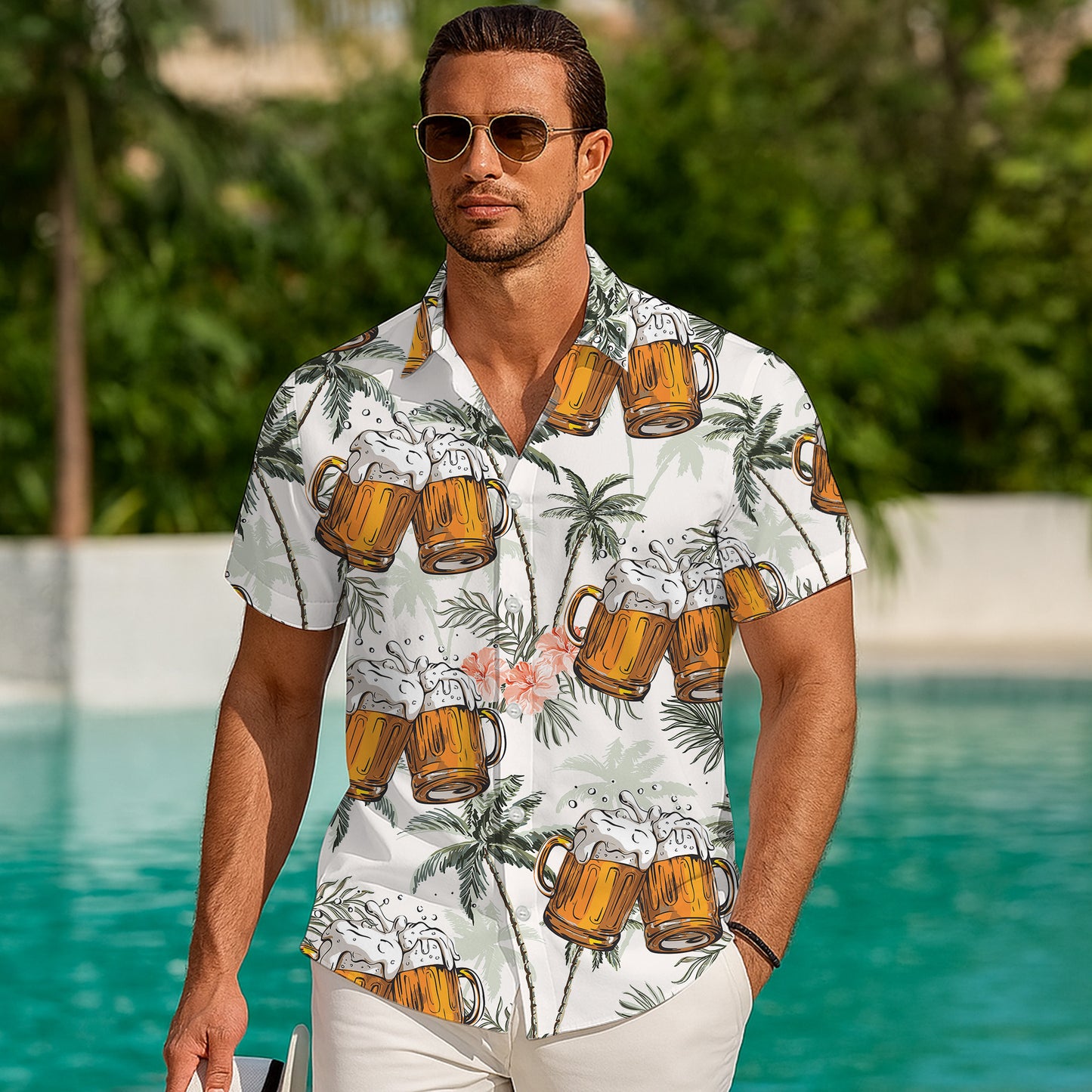 Beer Hawaiian Shirt for Men, Button Up Shirt for Men, Tropical Short Sleeve Beach Vacation Summer Casual Shirt - 0015